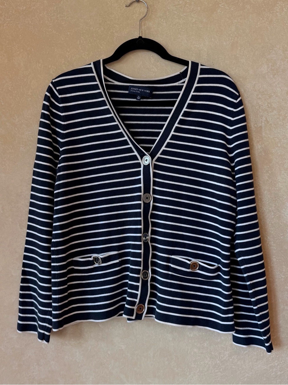 Jones New York Navy & White Striped V-Neck Cardigan Size XL